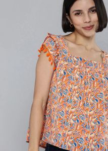 Printed Orange Top with Pom-Poms