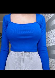 Blue Square Neck Long Sleeve Crop Top