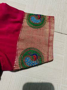 Red Sari Blouse with Embroidered Sleeves