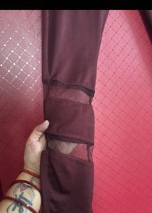 Burgundy Mesh Panel Leggings For Xl