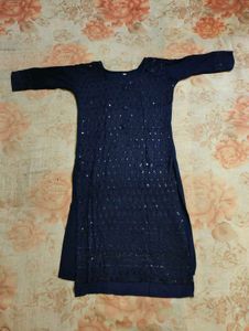 Navy &amp; White Embroidered Kurta with Skirt &amp; Dupatt
