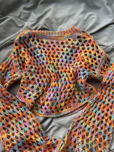 Rainbow Crochet Bell Sleeve Top