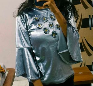 Metallic Silver Velvet Floral Top