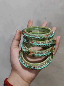 Peacock Teal &amp; Gold Beaded Bangles - Set of 4