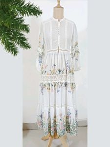 W for woman white Floral Print tiered maxi dress