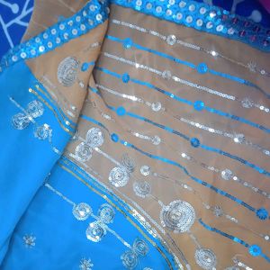 Blue &amp; Gold Embellished Saree