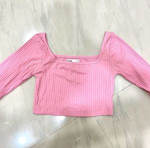 Pink Ribbed Long Sleeve Crop Top