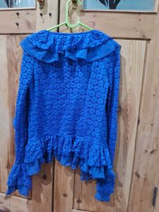 Ruffle Detailed Blue Lace Cardigan