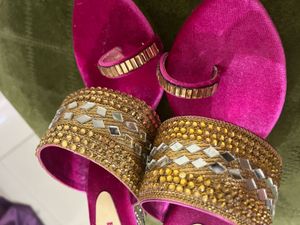 New Pink &amp; Gold Embellished Heels With Sticker
