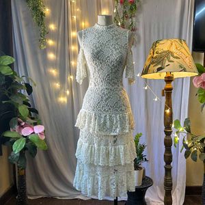 Elegant White Lace Midi Dress Fully Sheer