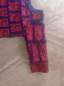 Red &amp; Navy Embroidered Kurti