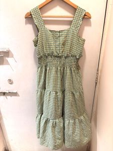 Beautiful Green Plaid Tiered Midi Dress