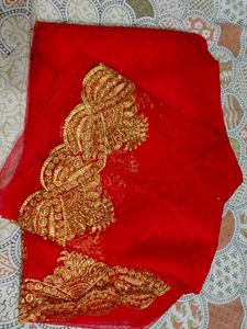 Red Net  Saree With Golden Peral Work