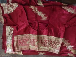 Dark Red And Gold Saree With Blouse