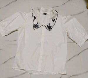 Embroidered Collar White Shirt