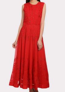 Red Embroidered A-Line Dress