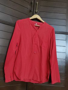 Women Red Buttons Roll-up Sleeve Casual Shirt