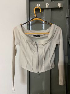Beige Zip-Up Corset Top