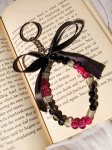 onion pink Beaded Keychain with black ribbon