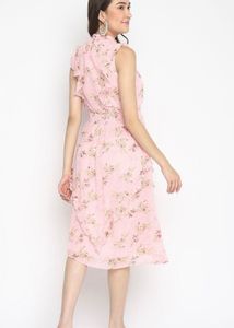 Pink Floral Printed Layered Midi Dress