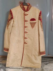 Elegant Beige Sherwani with Red Embroidery