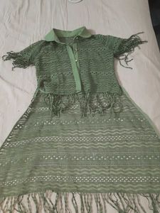 Green Crochet Dress with Fringe