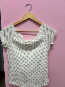 white polka dot off shoulder top