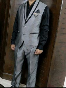 Men Grey Printed Vest 3 Piece Set