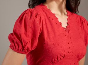 Red Eyelet Puff Sleeve Mini Dress