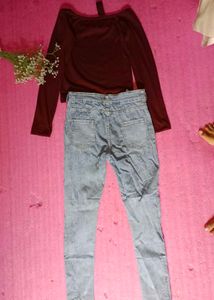 Burgundy Top &amp; Light Wash Jeans