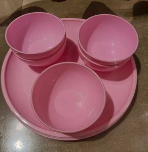 Pink Plastic Bowl and Plate Set