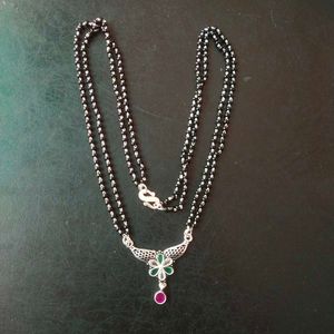 PureSilver Single Line Green&amp;Pink Stone Mangalsutr