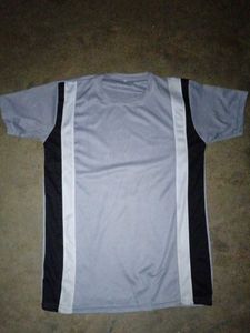 Gray T-Shirt with Black and White Stripes