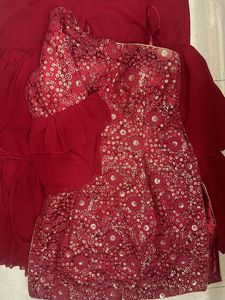 Red Embroidered One-Shoulder Sharara Set