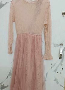 Korean-Pink Lace Midi Dress