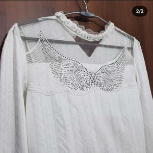 White Fullsleeves Top With Net And Rhinestones