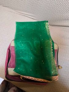 Wedding White Lehnga Choli Green Dupatta With Bag