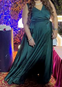 Wrap Green Satin Dress Flared Gown Party