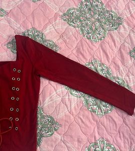Red Lace-Up Long Sleeve Top