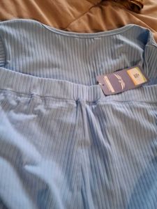 Blue Flared Ribbed Pants. Back Side Added