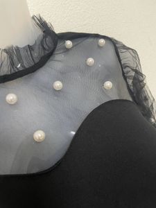 SHEIN PETITE Pearls Beaded Mesh Yoke Mock Neck Top