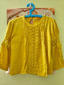 Yellow Boxy Top With Embroidery Pattern