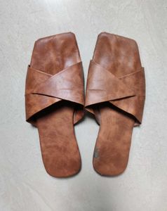 Brown Leather Look Slippers
