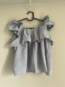 Blue Striped Ruffle Top