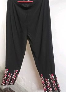 Black Kurta Set With Pink Embroidery &amp; Front Slit