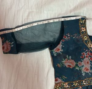 Sea Blue Floral Print Ethnic Gown