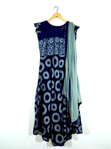 Navy Blue Printed Long A Line Kurta Women's
