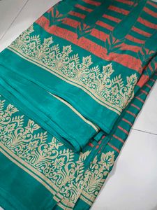 Teal &amp; Orange Patterned Saree