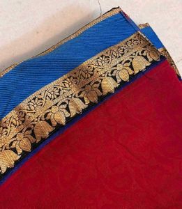 Rose Red &amp; Royal Blue Saree With Blouse