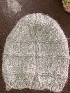 Handmade Designer Woolen Cap In Colour Grey With Pink Flowers 🌸✅